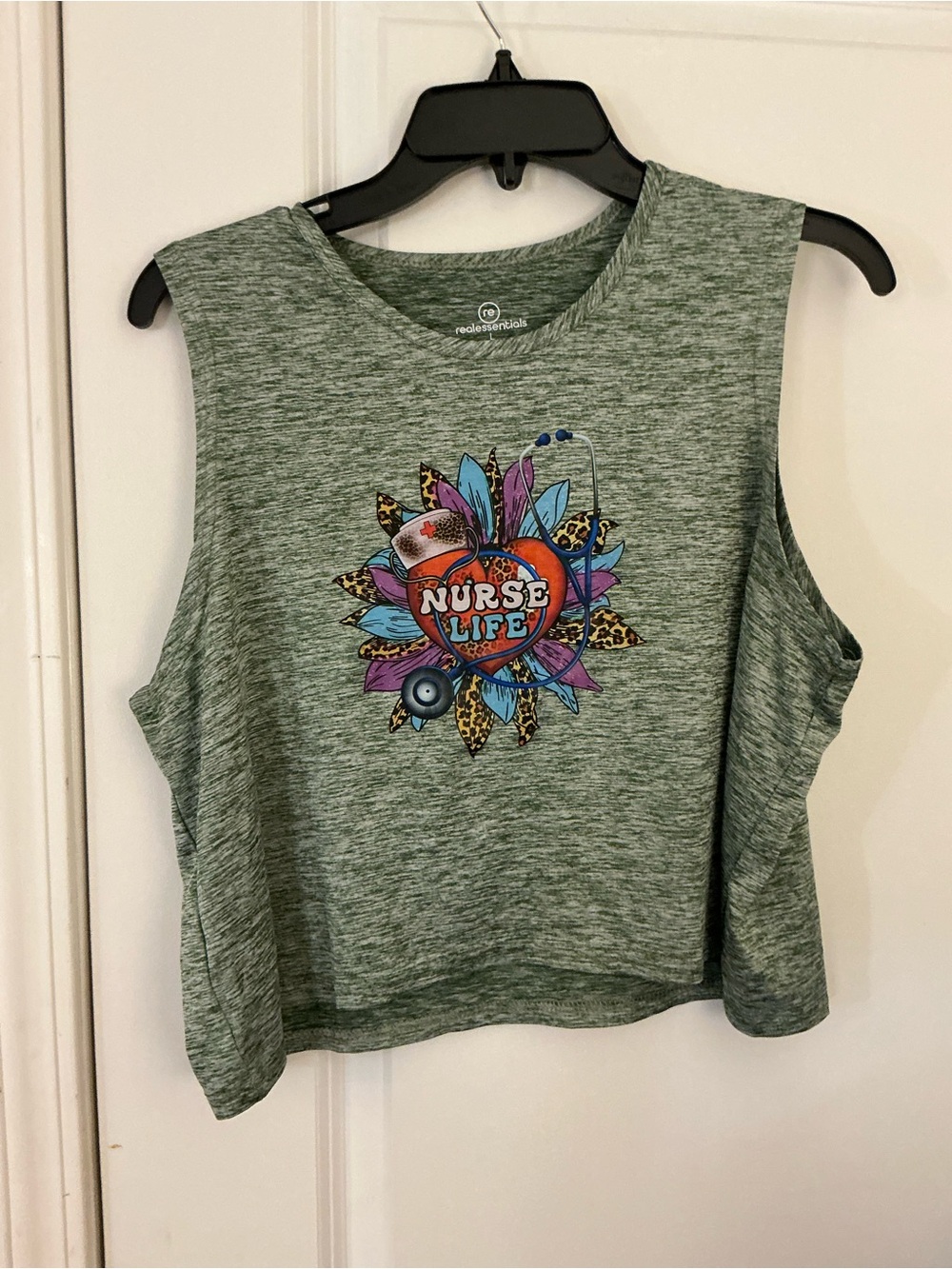 🔥 Real Essentials Heather Green Nurse Life Graphic Muscle Tank Top Women's  L
